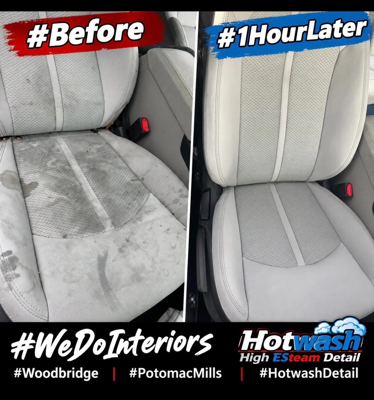 Before-and-after interior detail showing a stained seat and its refreshed finish